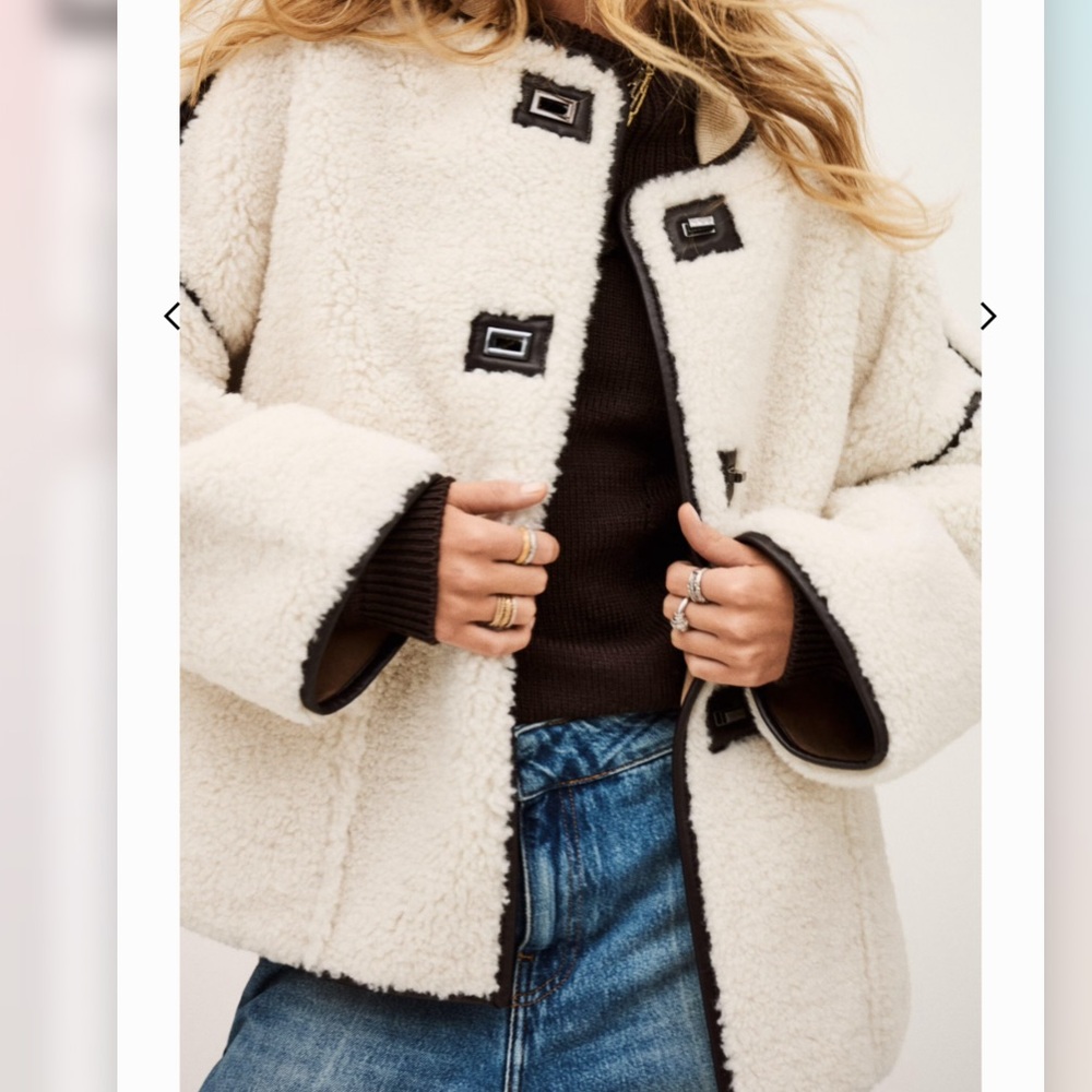 ba&sh Cream Maury Short Coat Teddy Jacket with Black Accents